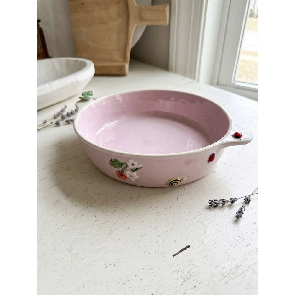 RARE Anthropologie Faye Pie Dish 3D Butterfly Ladybug Snail Pink Stoneware HTF